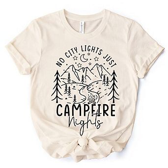 No City Lights Just Campfire Nights T-Shirt, White and Natural Camping Tee for Stargazing Campers