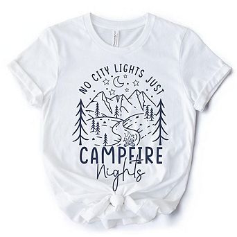 No City Lights Just Campfire Nights T-Shirt, White and Natural Camping Tee for Stargazing Campers