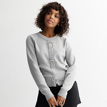 Juniors' madden girl Crewneck Embellished Bow Placket Sweater