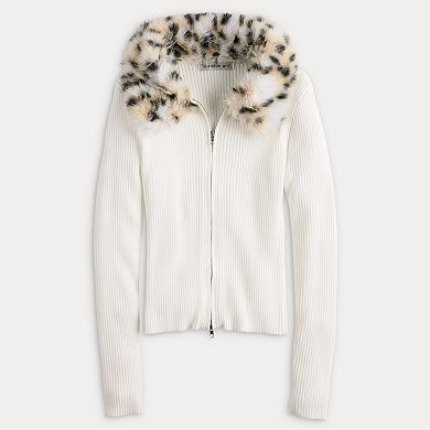 Juniors' madden girl Faux Fur Collar Wide Rib Double Zip Front Cardigan