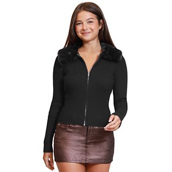 Juniors' madden girl Faux Fur Collar Wide Rib Double Zip Front Cardigan