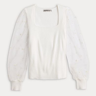 Juniors' madden girl Long Sleeve Square Neck Pullover Sweater with Pearled Illusion Mesh Sleeves