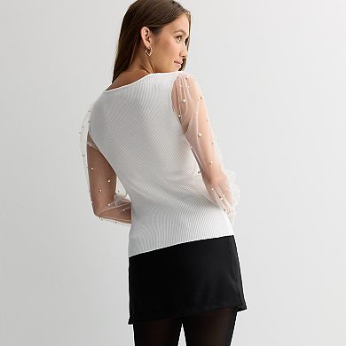 Juniors' madden girl Long Sleeve Square Neck Pullover Sweater with Pearled Illusion Mesh Sleeves