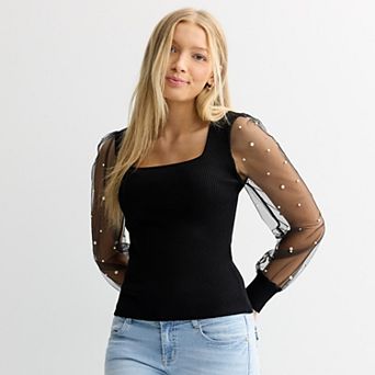 Juniors' madden girl Long Sleeve Square Neck Pullover Sweater with Pearled Illusion Mesh Sleeves