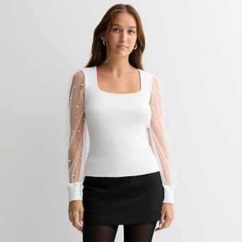 Juniors' madden girl Long Sleeve Square Neck Pullover Sweater with Pearled Illusion Mesh Sleeves