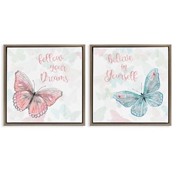 Stupell Home Decor 2 pc Believe In Dreams Butterflies Framed Floating Canvas Wall Art Set