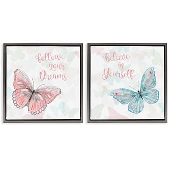 Stupell Home Decor 2 pc Believe In Dreams Butterflies Framed Floating Canvas Wall Art Set