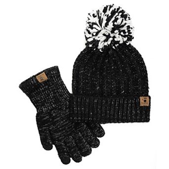 Women's Bearpaw 2 pc Two Tone Texture Hat & Gloves Set with Oversize Pom