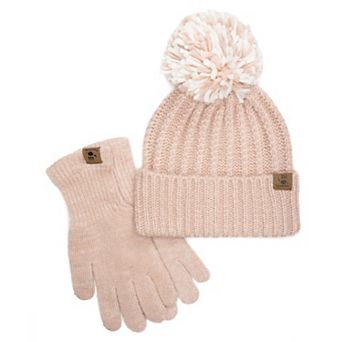 Women's Bearpaw 2 pc Two Tone Texture Hat & Gloves Set with Oversize Pom