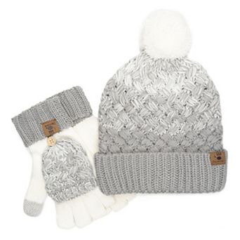 Women's Bearpaw 2 pc Basketweave Hat & Pop Top Glove Set