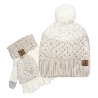 Women's Bearpaw 2 pc Basketweave Hat & Pop Top Glove Set