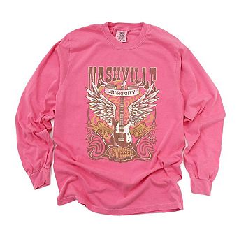 Nashville Guitar Wings Garment Dyed Long Sleeve Tees