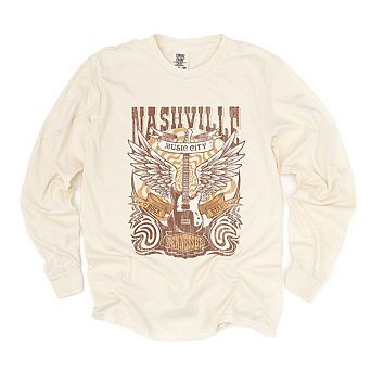 Nashville Guitar Wings Garment Dyed Long Sleeve Tees