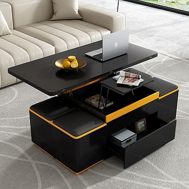 Merax Lift-Top Coffee Table with 4 Storage Stools, Modern Space Saving Center Table