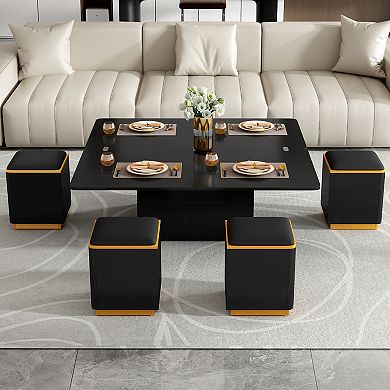 Merax Lift-Top Coffee Table with 4 Storage Stools, Modern Space Saving Center Table