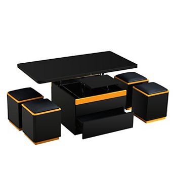 Merax Lift-Top Coffee Table with 4 Storage Stools, Modern Space Saving Center Table