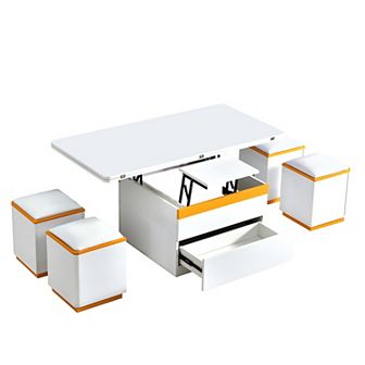 Merax Lift-Top Coffee Table with 4 Storage Stools, Modern Space Saving Center Table