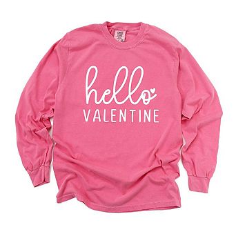 Hello Valentine Cursive Garment Dyed Long Sleeve Tees