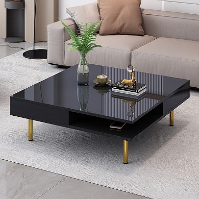 Merax Exquisite High Gloss Coffee Table with 4 Golden Legs and 2 Small Drawers