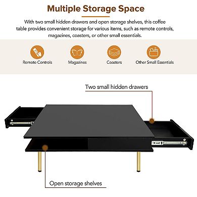 Merax Exquisite High Gloss Coffee Table with 4 Golden Legs and 2 Small Drawers