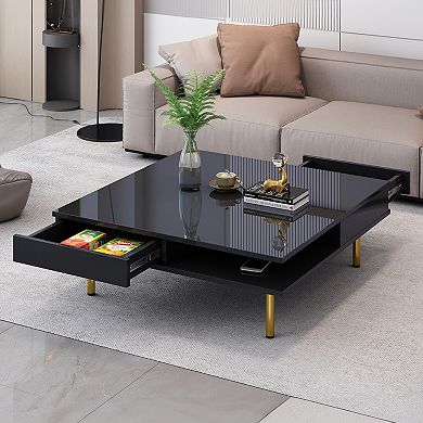 Merax Exquisite High Gloss Coffee Table with 4 Golden Legs and 2 Small Drawers