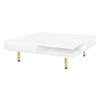 Merax Exquisite High Gloss Coffee Table with 4 Golden Legs and 2 Small Drawers