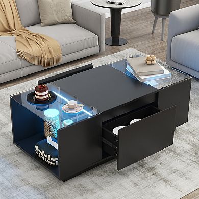 Merax Led Coffee Table, Modern Center Table with High-Gloss Finish and Glass Tabletop