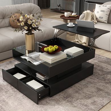 Merax Lift-Top Coffee Table with 2 Drawers, Modern Square Coffee Table