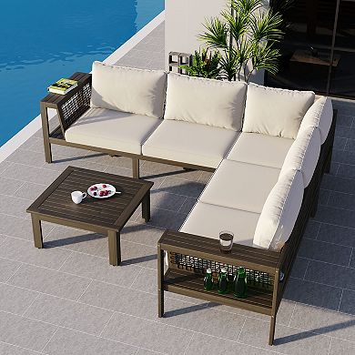 Merax 4 Pieces Outdoor Acacia Wood Sofa Set, L-Shaped Patio Furniture Sofa Set with Coffee Table