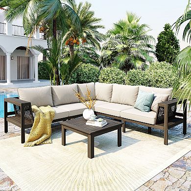 Merax 4 Pieces Outdoor Acacia Wood Sofa Set, L-Shaped Patio Furniture Sofa Set with Coffee Table