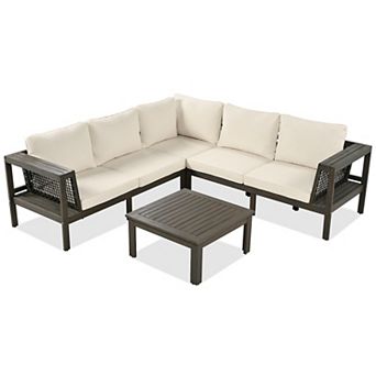 Merax 4 pc Outdoor Acacia Wood Sofa Set, L-Shaped Patio Furniture Sofa Set with Coffee Table