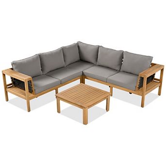 Merax 4 pc Outdoor Acacia Wood Sofa Set, L-Shaped Patio Furniture Sofa Set with Coffee Table