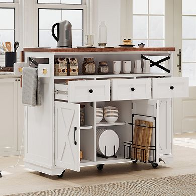 Merax 46.5'' Farmhouse Kitchen Island with Drape，Rolling Kitchen Cart on Wheels with Drop Leaf