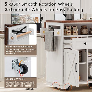Merax 46.5'' Farmhouse Kitchen Island with Drape，Rolling Kitchen Cart on Wheels with Drop Leaf
