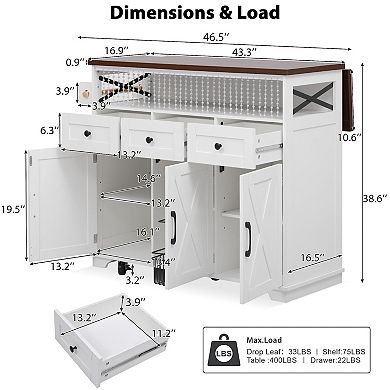 Merax 46.5'' Farmhouse Kitchen Island with Drape，Rolling Kitchen Cart on Wheels with Drop Leaf
