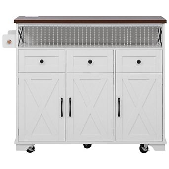 Merax 46.5'' Farmhouse Kitchen Island with Drape，Rolling Kitchen Cart on Wheels with Drop Leaf