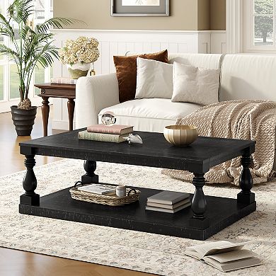 Merax Vintage Coffee Table Featuring Artistic Vase Column Legs and Luxurious Pine Veneer for Timeles