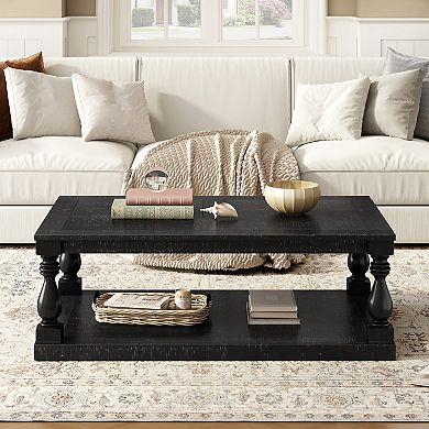 Merax Vintage Coffee Table Featuring Artistic Vase Column Legs and Luxurious Pine Veneer for Timeles