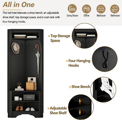 Merax Versatile Entryway Coat Rack, Minimalist Corner Hall Tree with Shoe Bench