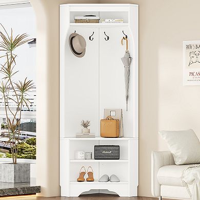 Merax Versatile Entryway Coat Rack, Minimalist Corner Hall Tree with Shoe Bench