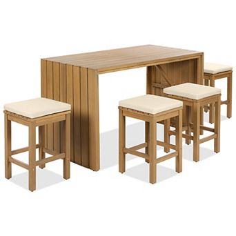 Merax 5 pc Outdoor Bar Set, Patio Acacia Wood Bar Height Table & Four Stools with Cushions