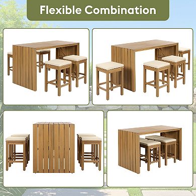 Merax 5 Piece Outdoor Bar Set, Patio Acacia Wood Bar Height Table & Four Stools with Cushions