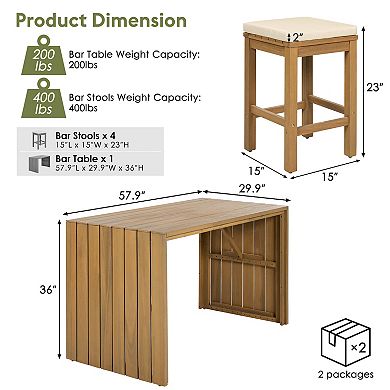 Merax 5 Piece Outdoor Bar Set, Patio Acacia Wood Bar Height Table & Four Stools with Cushions