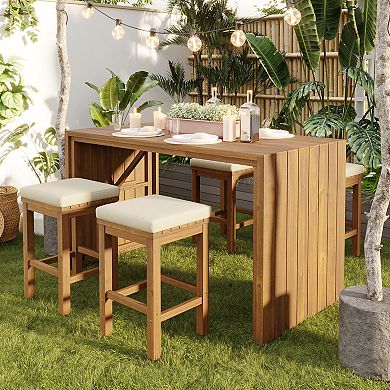 Merax 5 Piece Outdoor Bar Set, Patio Acacia Wood Bar Height Table & Four Stools with Cushions