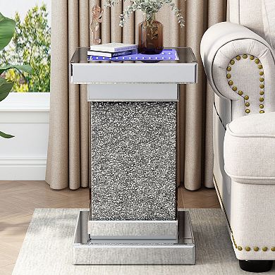 Merax 11.8'' Silver Square Mirrored End Table with LED lights, Modern Side Table