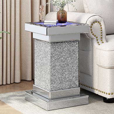 Merax 11.8'' Silver Square Mirrored End Table with LED lights, Modern Side Table