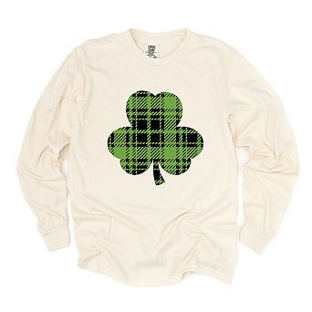 Buffalo Plaid Clover Garment Dyed Long Sleeve Tees
