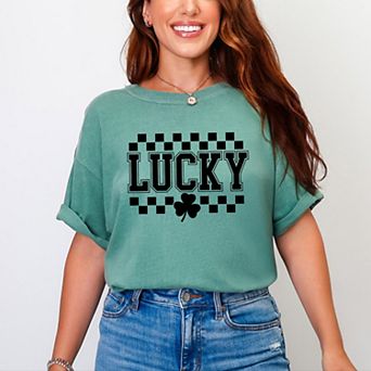Simply Sage Market Checkered Lucky Shamrock Garment Dyed Tee