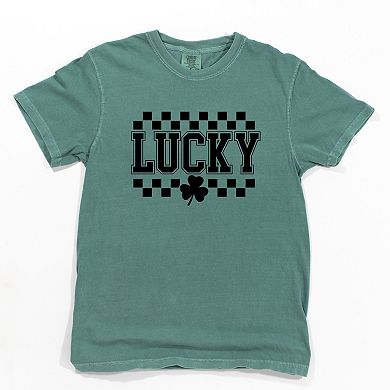 Simply Sage Market Checkered Lucky Shamrock Garment Dyed Tee