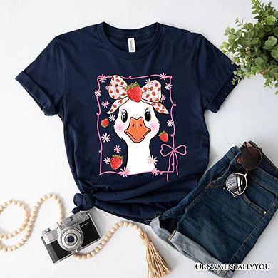 Coquette Goose with Strawberry Bow T-Shirt, Navy, Cute Tee